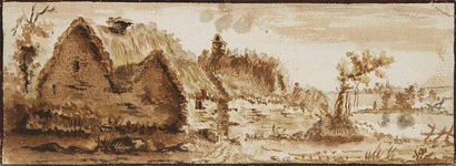 École HOLLANDAISE du XVIIe siècle 
Paysage aux deux chaumières et à l'étang
Lavis...