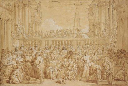 Ecole Italienne du XVIIIe siècle 
Les Noces de Cana, d'après Véronèse 
Plume et encre...
