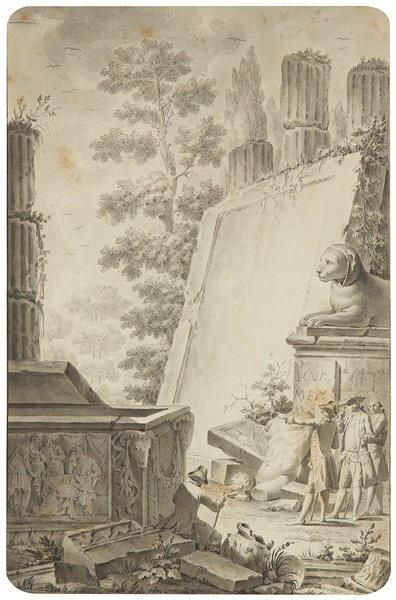 Jean-Michel MOREAU LE JEUNE (Paris 1741 - Provins 1814) 
Visiteurs parmi des ruines
Plume...