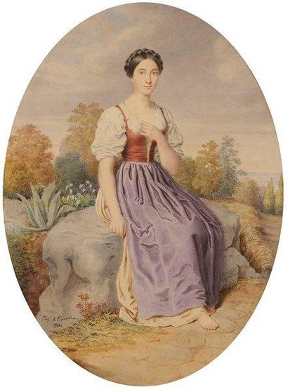 A. FIORELLI (Actif au XIXe siècle) 
Jeune paysanne
Plume et encre brune, aquarelle.
Signé...