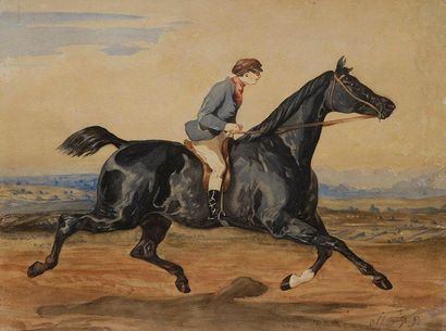 Attribué à Alfred De DREUX (Paris 1810 - 1860) 
Cheval monté par un lad
Aquarelle.
Signé...