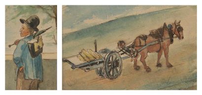 Claude-Émile SCHUFFENECKER (1851-1934) 
Personnage - Cheval attelé
2 dessins à l'aquarelle.
Portent...