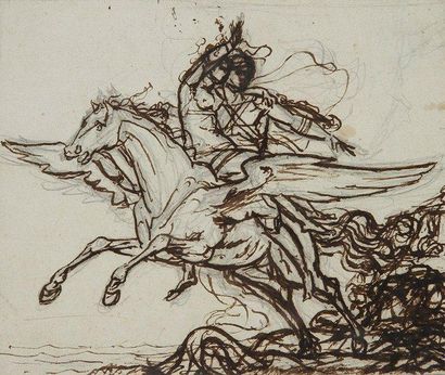 École française, Époque ROMANTIQUE 
Cavalier enlevant une jeune femme sur un cheval...