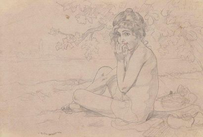 CHARLES MAURIN (1856-1914) 
Fillette nue mangeant un fruit
Dessin à la mine de plomb...
