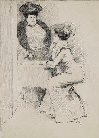Henry-François Sommier dit Henry SOMM (1844-1907) 
Matrone et élégante en conversation,...