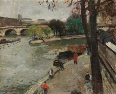 François GALL (1912-1987) 
Paris, Le Pont Neuf, vers 1946
Huile sur toile.
Signée...