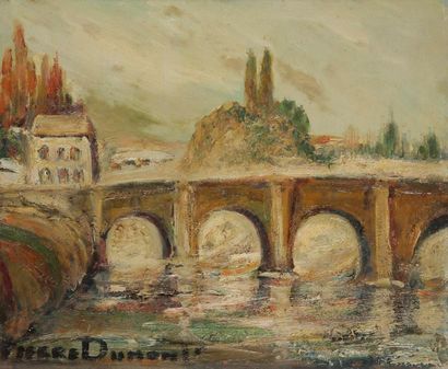 Pierre DUMONT (1884-1936) 
Pont sur la rivière
Huile sur toile.
Signée en bas à gauche.
46...