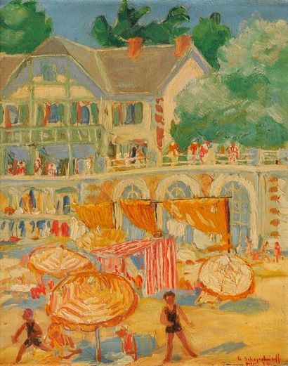 Léon SCHAPOCHNIKOFF [russe] (1882-?) 
La Plage à midi, 1928
Huile sur carton.
Signée...