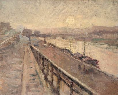 Alfred SWIEYKOWSKI (1869-1953) 
Paris, couché de soleil sur la Seine
Huile sur toile.
Signée...