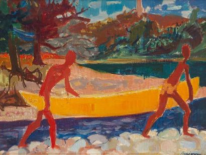 Jean Aujame (1905-1965) 
Le Canoë
Huile sur toile.
Signée en bas à droite.
27 x 36...