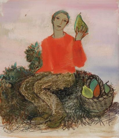 JEAN BURKHALTER (1895-1982) 
Jeune femme aux poires
Huile sur isorel.
Signée en bas...