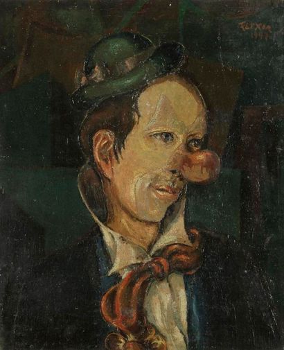 Samson FLEXOR 
Autoportrait en clown, 1947
Huile sur toile contrecollée sur panneau.
Signée...