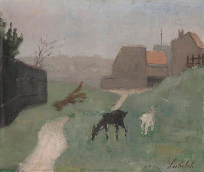 Ossip LUBITCH (1896-1990) 
Deux chèvres dans le village
Huile sur toile.
Signée en...