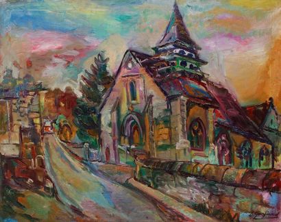 David GARFINKIEL (1902-1970) 
Gilocourt, l'église
Huile sur toile.
Signée en bas...