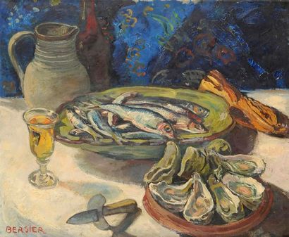 Jean Eugène BERSIER (1895-1978) 
Nature morte au huitres et poissons
Huile sur toile.
Signée...