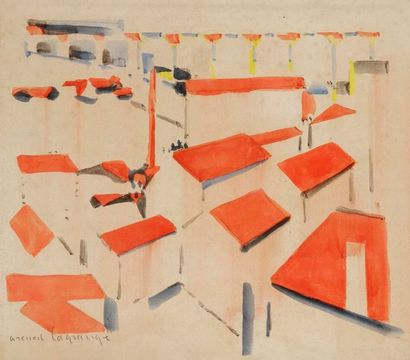 Jacques LAGRANGE (1917-1995) 
Toits rouges à Arcueil, vers 1954
Aquarelle.
Signée...