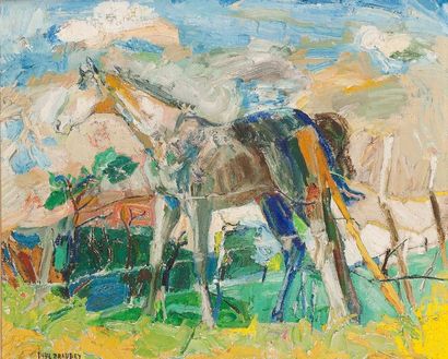 Paul BRAUDEY (né en 1930) 
Cheval au pré
Huile sur toile.
Signée en bas à gauche.
(Petit...