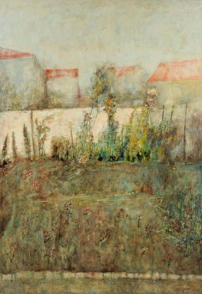 Bernard GANTNER (né en 1928) Jardin aux toits rouges, 1963 Huile sur toile. Signée...