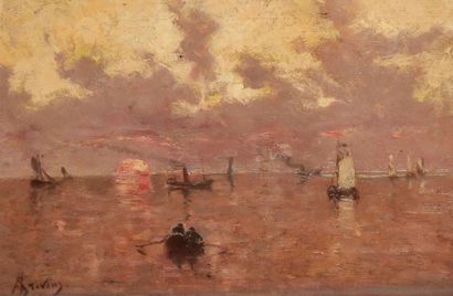 Alfred STEVENS (1823-1906) 
Marine à l'aube
Huile sur panneau.
Signée en bas à gauche
29.5...