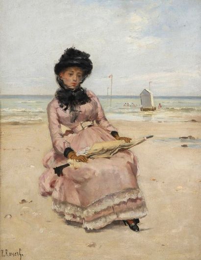Paul ROSSERT (1851-1918) 
Normandie, élégante sur la plage
Huile sur panneau.
Signée...