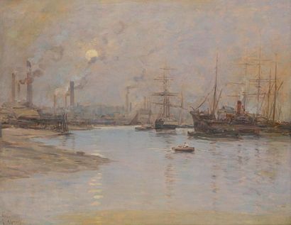Fernand LEGOUT-GERARD (1856-1924) 
Le Port de Rodchester
Huile sur panneau.
Signée...