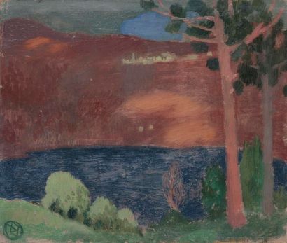 Maurice DENIS (1870-1943) 
Lac en Italie, région d'Orvieto, vers 1898
Huile sur carton.
Porte...
