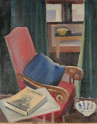 Maurice ESMEIN (1888-1918) 
Intérieur au fauteuil, 1917
Huile sur toile.
Signée et...