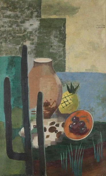 Paul COLIN (1892-1985) 
Nature morte au cactus, potiche et ananas
Huile sur toile.
Signée...