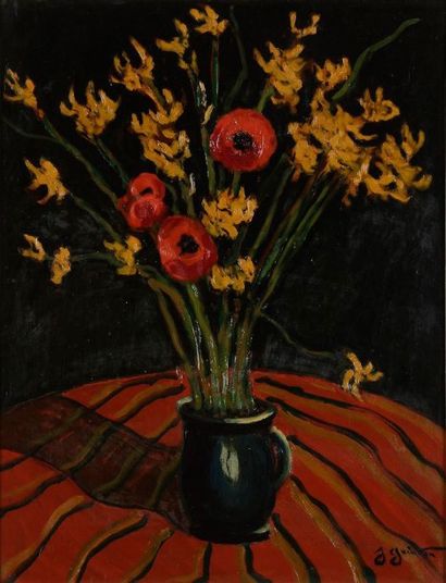 Jean GUINDON (1883-1976) 
Bouquet de fleurs
Huile sur toile.
Signée en bas à droite.
65...