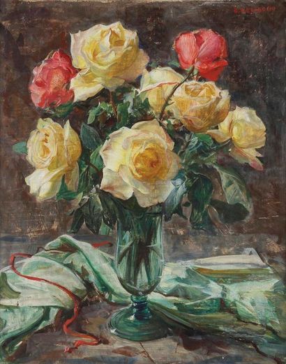 Enrico DEL BONO (1915-2006) 
Vase de roses
Huile sur toile contrecollée sur panneau...