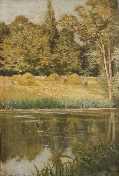 Henri BIVA (1848-1929) 
Moissons au bord de l'eau
Huile sur toile.
Signée en bas...