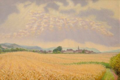 Charles LACOSTE (1870-1959) 
Le Village au grand ciel, 1948
Huile sur carton.
Signée...