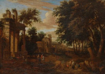 Mathys SCHOEVAERDTS (Bruxelles vers 1665-1703) Paysans devant des ruines antiques....