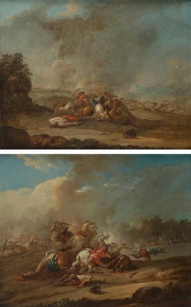 CHARLES PARROCEL (PARIS 1688 - 1752) Combats de cavaliers. Paire de toiles, sur leurs...