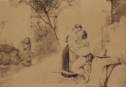 Amable-Paul COUTAN (Paris 1792 - 1837) L'idylle des jeunes paysans. Plume et encre...