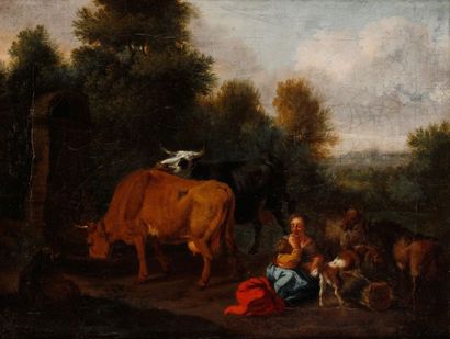 École Hollandaise du XVIIIe siècle, suiveur de Nicolas BERCHEM Bergère et ses vaches...