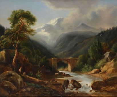 Ecole Francaise vers 1840 Paysage de montagnes avec cascade. Sur sa toile d'origine...