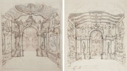 École VÉNITIENNE du XVIIIe siècle Projets de décoration d'un palais. 2 dessins à...