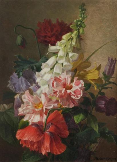 Charles Étienne CORPET (Paris 1831 - 1903) Fleurs. Cinq papiers. 34,5 x 25 cm. 26,5...