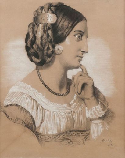 FRANÇOIS JOSEPH NAVEZ (1787-1869) Femme de profil à l'antique, 1838. Dessin au crayon...