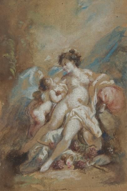 École Française du XIXe siècle Venus et l'Amour. Encre, aquarelle et rehauts de gouache...