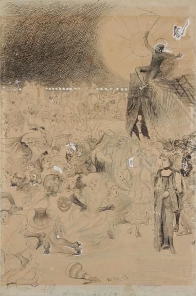 Oswald Heidbrinck (1860-1914) Le Spectacle. Encre, crayon bleu et rehauts de gouache...