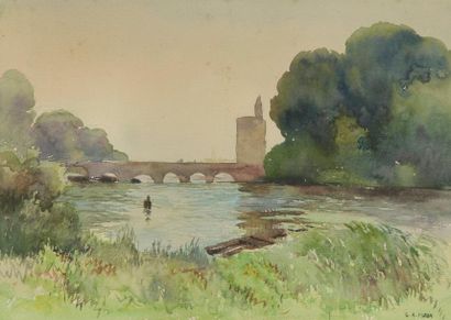 GUSTAV-ADOLF MOSSA (1883-1971) Pont sur la rivière. Aquarelle Signée en bas à droite...
