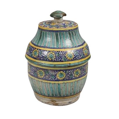 null Pot à beurre jobbana, Fès, fin XIXe siècle.
Faïence polychrome jaune, bleu,...