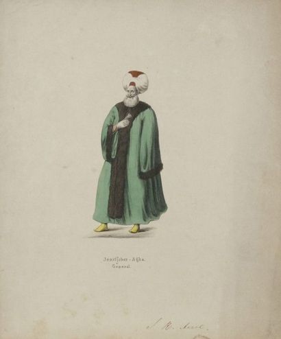null Neuf gravures de costumes ottomans, XIXe siècle.
Impression sur papier en polychromie....