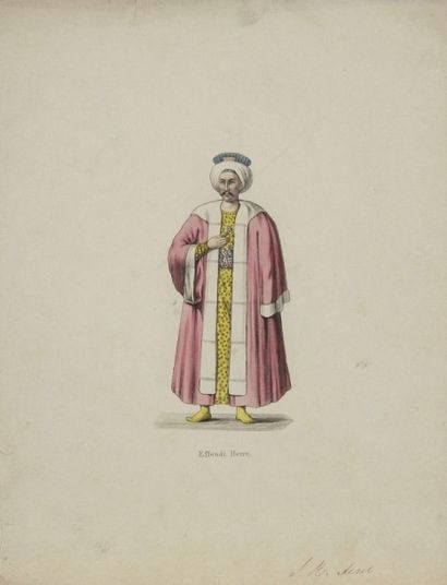 null Neuf gravures de costumes ottomans, XIXe siècle.
Impression sur papier en polychromie....