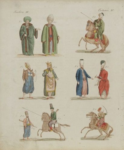 null Neuf gravures de costumes ottomans, XIXe siècle.
Impression sur papier en polychromie....