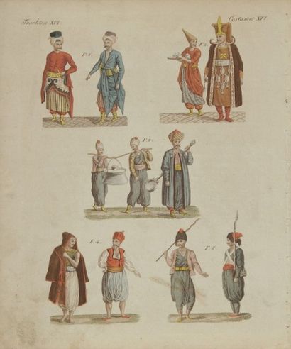 null Neuf gravures de costumes ottomans, XIXe siècle.
Impression sur papier en polychromie....