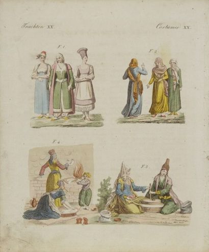 null Neuf gravures de costumes ottomans, XIXe siècle.
Impression sur papier en polychromie....