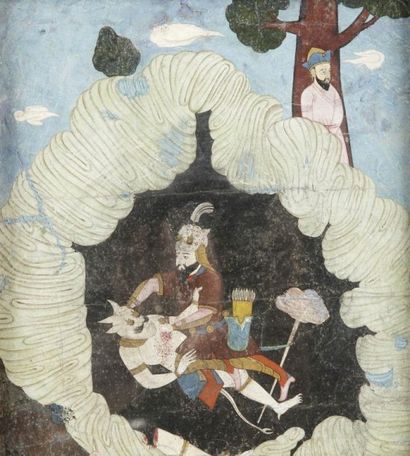 null Mise à mort du Div Sefid, par Rüstam, Iran qâjar, XIXe siècle.
Gouache sur papier...